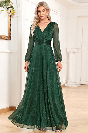 Ciemnozielona Dekolt V Sukienki Na Studniówke Z Dlugim Rekawem